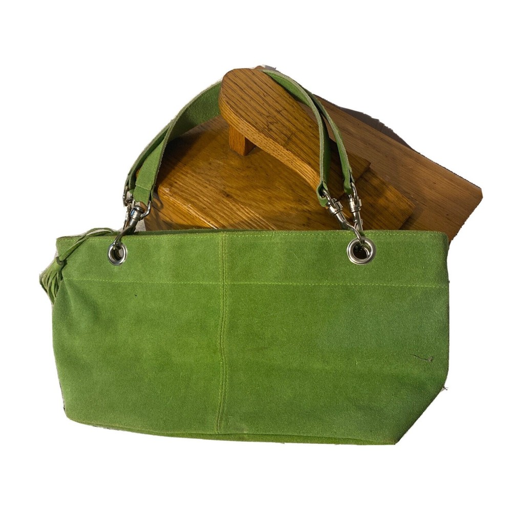 lillian vernon shoulder bag suede leather  lime green 11” wide 6” tall